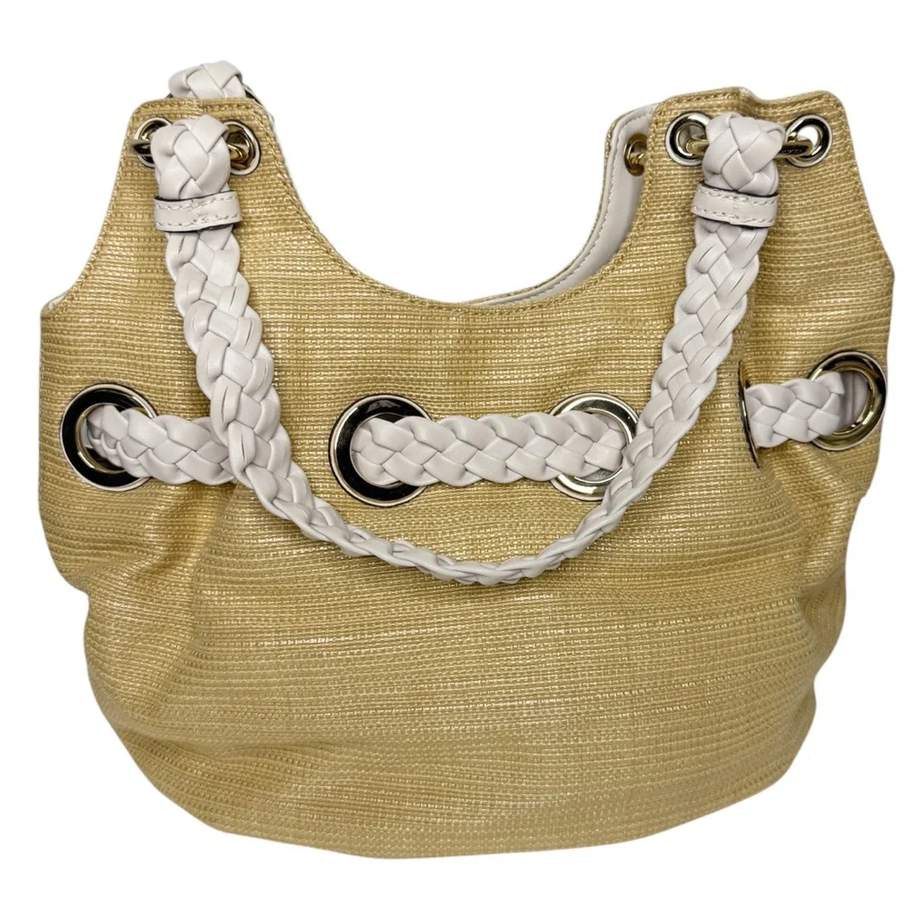 MICHAEL KORS Carlton Straw Braided Leather Hobo Gold Tassel‎ Bag Large